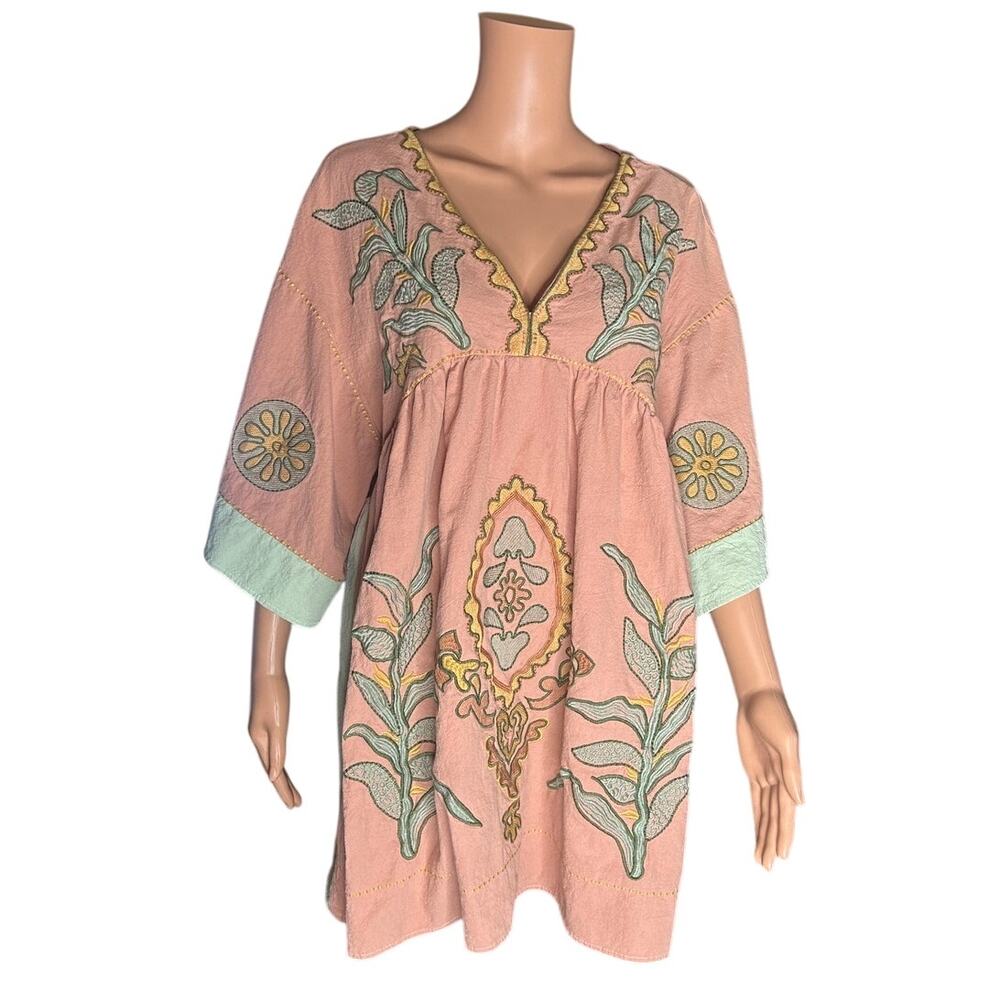 Sunday Up Peachy Pink boho kaftan dress green and yellow floral embroidered sz l